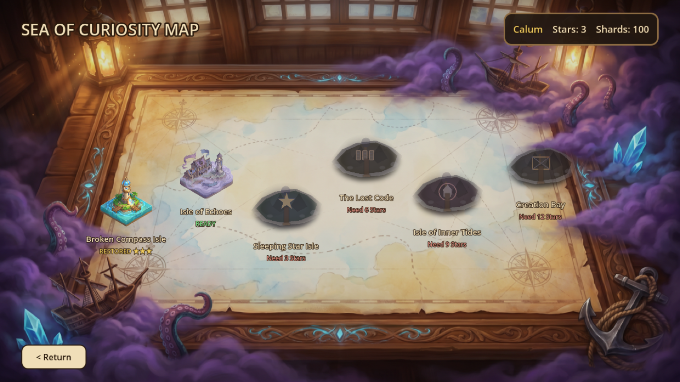 SmartPiece Godot world map with islands across the Sea of Curiosity